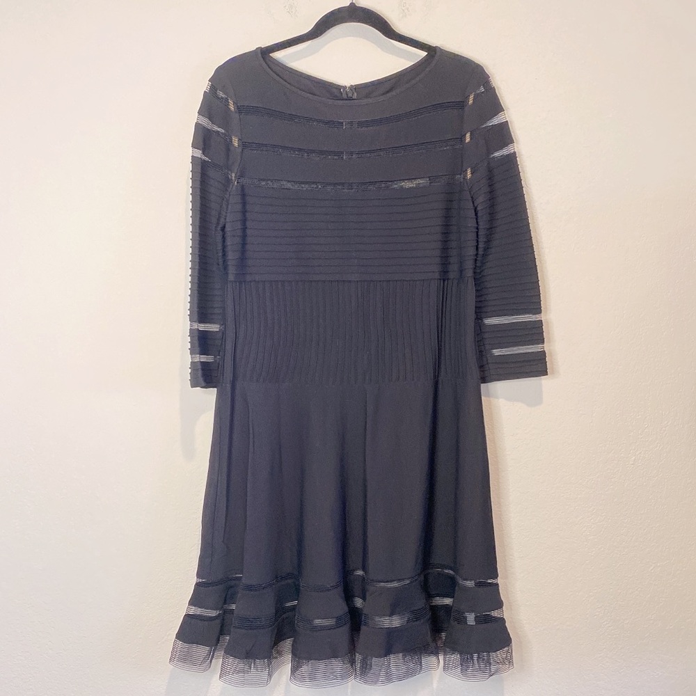 Tadashi Shoji Lace Panel Pleated Formal Midi Dress Ruffle Black Size M Petite